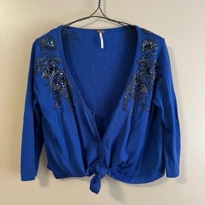 Free People Blue Beaded Sequined Quarter Sleeve Button Up Cardigan Medium